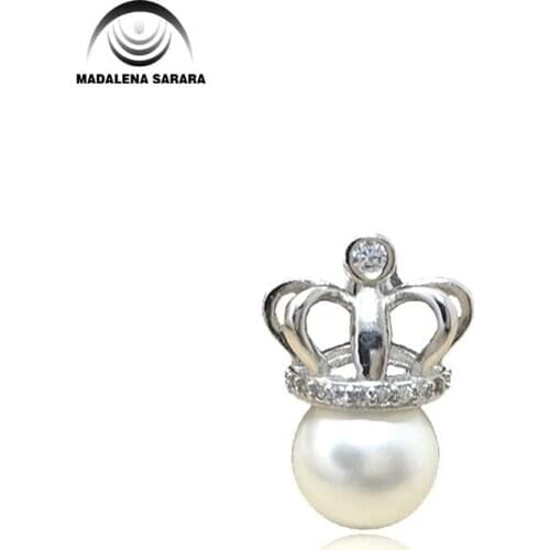 MADALENA SARARA 11-12mm AAA Freshwater Pearl Perfect Round Crown Style Sterling Silver 925 Chain Necklace AAAA CZ inlaid