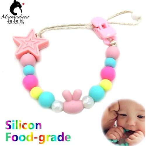 Cute rabbit head shaped silicon pacifier clip chewable food-grade beads holder toy chain teether anti-drop leash BPA free