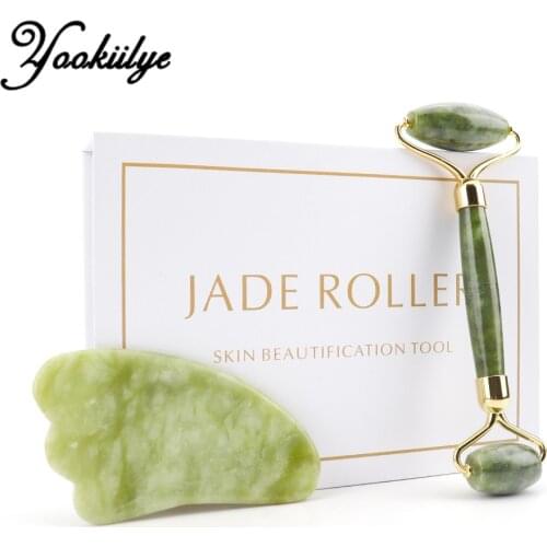 Double Heads Jade Roller Face-lift Set Natural Xiuyu Facial Massage Roller Guasha Board Set Body Slim Neck Thin Skin Care Tools