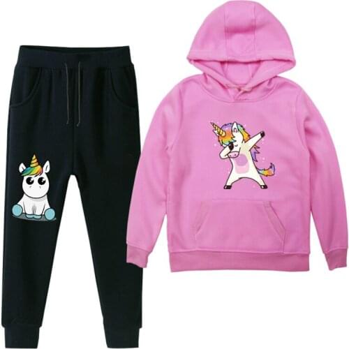 New Beautiful Fashion Kids Boys Girls Sweatshirts Thick Velvet Dabbing Unicorn Sweatshirt Pants Suit Printing Children Hoodies
