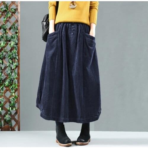 Autumn Winter Skirts Women Retro Solid Color Corduroy Loose Patchwork Pockets Female Wild Skirt