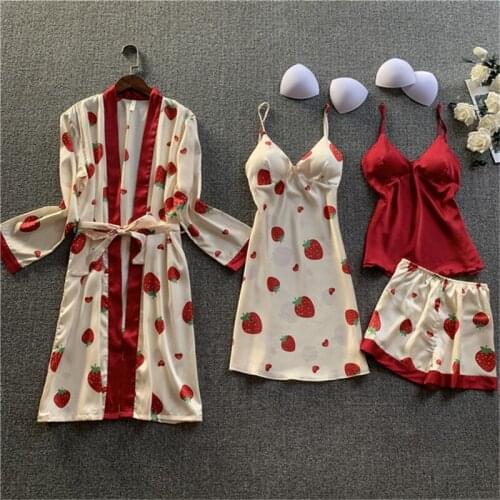 Pajama suit new suspenders пижама spring and summer sexy 4PC Sleepwear long sleeve sweet home service home bathrobe