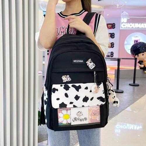 Cow Backpack for Womens Black School Bags Girls Student Nylon Bookbag Cute Female Large Capacity Bagpack Ladies Travel Rucksack