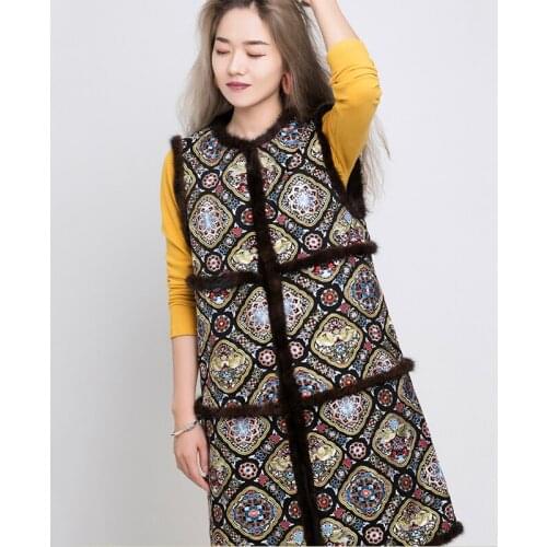 Autumn And Winter Vintage Style Woolen Jacket Womens Embroidery Spliced Mink Fur Stand Collar Single-Breasted Lady Coat M-3XL