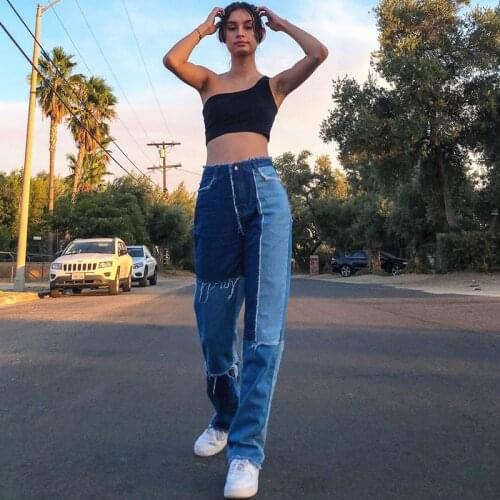 Blue Patchwork Jeans Women Spring 2021 Fashion Slim Tassel High Waist Straight Cut Jeans Woman Casual Loose Denim Pants Pantalon