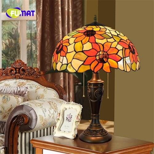 FUMAT Sunflower Stained Glass Table Lamp LED E26 E27 Tiffany Bedroom Bedside Lamp luminaria Art Home Deco Marriage Table Lights