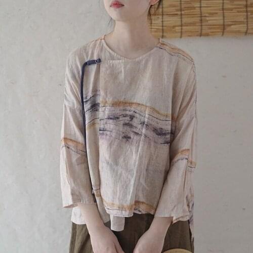 FairyNatural Ladies Vintage Linen T-Shirts O-Neck 2021 Summer New Chinese Style Women Casual Loose Irregular Tees Ink Painting