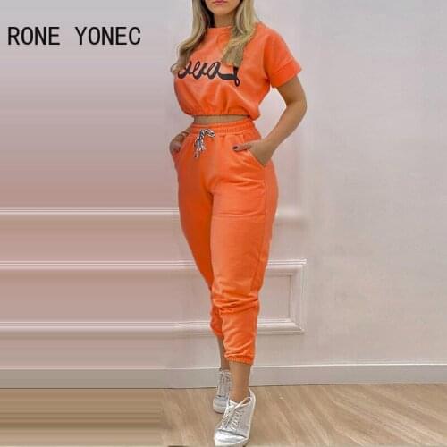 Women Casual Letter pocket Crop Short Sleeves Sporty Sweatpants Sets