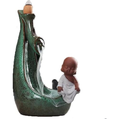 Free Cone Incense Holder Zen Waterfall Smoke Fountain Buddha Decoration Mini Monk Ceramic Incense Burner Living Room Ornament
