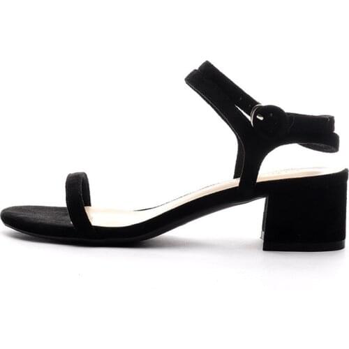 Sandals Women Mid Heel Summer Slip-on Buckle Ladies Shoes Round Toe Flock 4CM Thick High Heels women shoes size 35-42 black