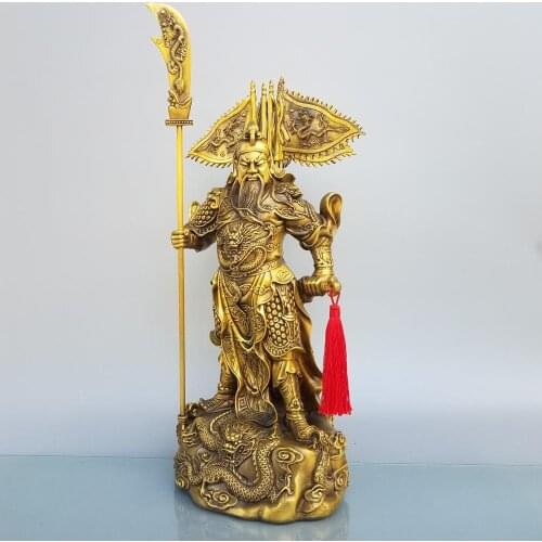 18" Chinese Seikos Bronze Guan Gong Buddha Statue Dragon cloak Back guard flag Guan Gong knife Hanging sword Wusheng statue