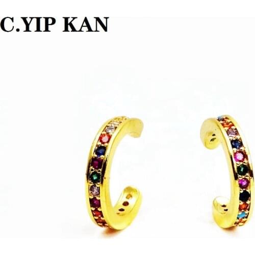 C.YIP KAN Fashion U-shaped gold-plated ear clip copper micro inlay color zircon smooth single ring non hole earring ear bone cli