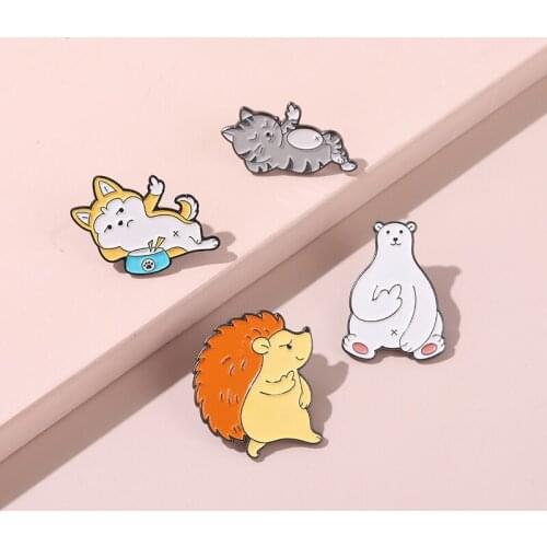 Lazy Cute Hedgehog Polar Bear Enamel Pin Middle Funny Dog Cat Bear Brooches Metal Badges Bag Clothes Pins Up Jewelry Gifts
