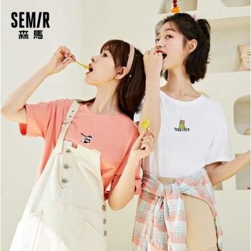 SEMIR Short Sleeve T-Shirt Women Cartoon Embroidery Cotton Tops All-Match Ins 2021 Spring New Style White T-Shirts