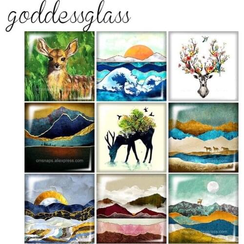 New Elk deer Mountains wapiti Fashion Square 10pcs mixed 12mm/20mm/25mm/30mm photo glass cabochon demo flat back Making findings