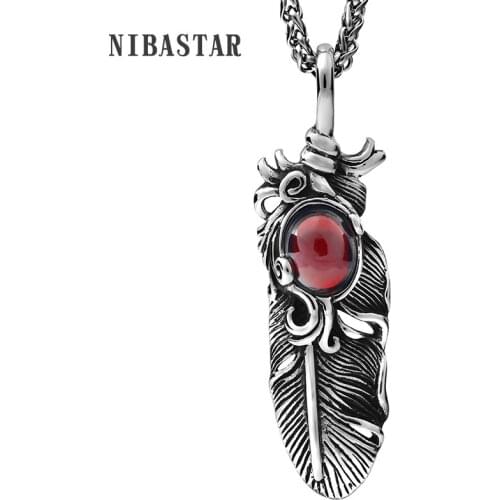 Boho Antique Silver Plated Stainless Steel Dream Catcher Leaves Feather Charm Pendant Necklace Pave Red Rhinestone Jewelry