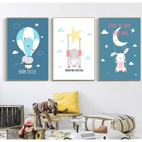Child Poster Blue BalloonRabbit Animal Giraffe Wall Art Canvas Nursery Print Nordic Kid Bedroom Decoration Picture Painting