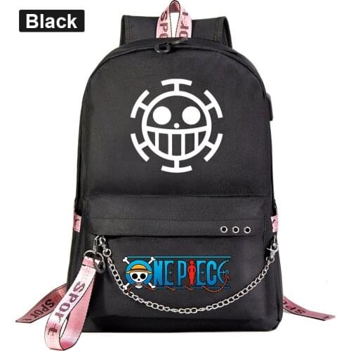 Trafalgar D Water Law USB Backpack School Bags Black Pink Mochila Travel Bags Laptop Chain Backpack Headphone USB Port