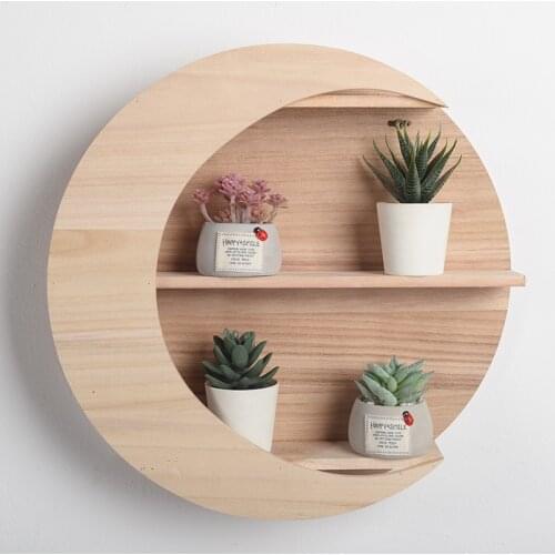 Nordic Round Wooden Wall-mounted Moon Shaped Frame Simple Art Hanging Flower Pot Storage Shelf