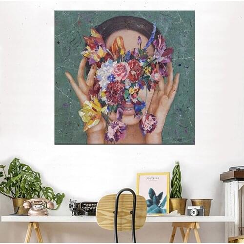 Modern Figure Lady Head Colorful Flowers Picture Nordic Canvas Painting Wall Art Canvas Posters Prints Decor for Bedroom Room