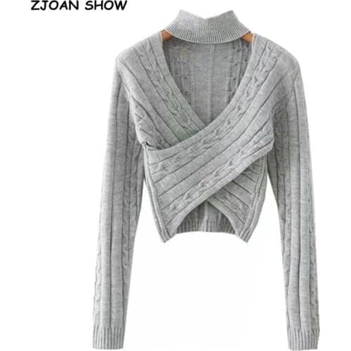 2021 Autumn Vintage Front Cross Twist Cropped Sweater Sexy Hollow Out Halter Long Sleeve High Waist Short Jumper Chic Knitwear