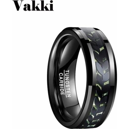 VAKKI Classic Plating Black inlaid Leaf Pattern Engagement Tungsten Steel Ring for Men Polish Blue Carbon Fiber Wedding Band