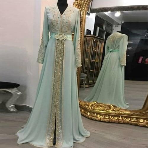Real Image Moroccan Caftan Muslim Evening Dress Luxury Beaded Crystal A-Line Long Sleeves Dubai Formal Evening Gown Prom Dresses