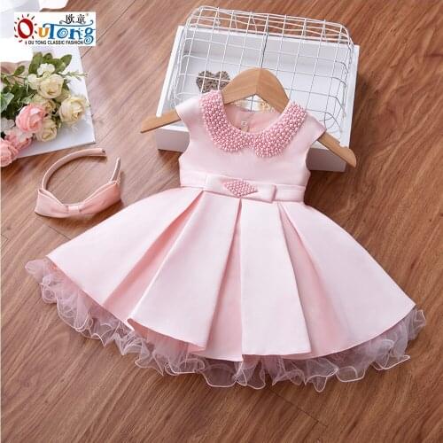 Outong Girls Party Dresses Kids Princess Pearls Collar Mesh Skirt With Hair Band Birthday Gown Formal Dress Holiday Party