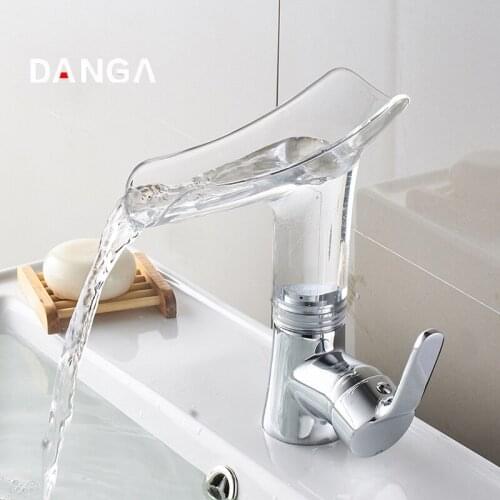 Waterfall Bathroom Faucet Basin Tap 4 Colors Vanity Faucets Transparent Brass Sink Water Tap Single Handle Hot and Cold Mixer