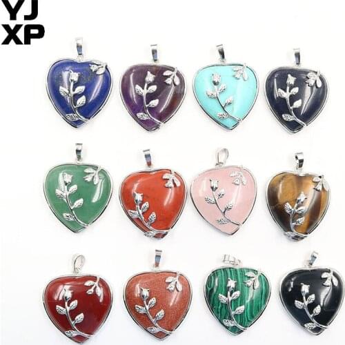 YJXP Romantic Silver Plated Flower Leaf Heart-Shaped Gift Malachite Red Onyx Quartz Rock Crystal Lapis Lazuli Pendant