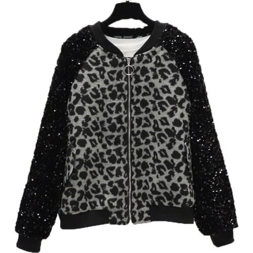 Omens Sequins Jacket New 2021 Spring Autumn Leopard Stitching Sequins Zipper Casual Outerwear Female Tops Baseball uniform