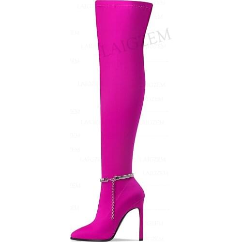 LAIGZEM Stretchy Women Over Knee Boots 13CM Stiletto High Heels Boots Pointed Toe Pull On Frauen Stiefel Club Big Size 38 41 43