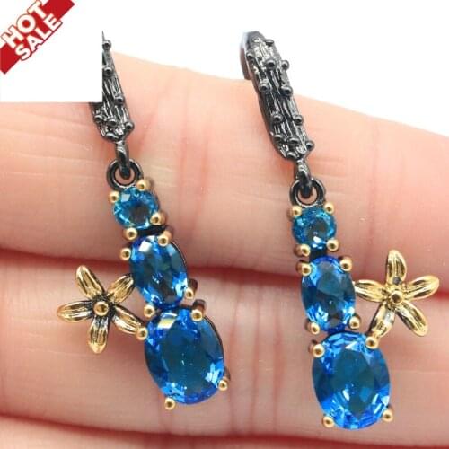 39x13mm SheCrown Neo-Gothic Black Gold Silver Earrings Created Paris Blue Topaz For Women Daily Wear Gift Present