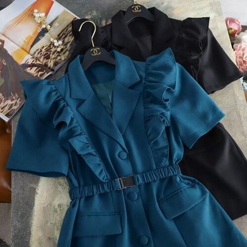 Two Pieces Set Women 2021 Summer Single Button Loose Ruffle Blazer Suits Solid Short Sleeve Shorts Office Ladies Suits Plus Size