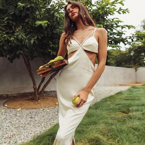 2021 Summer Women Holiday White Dress Beach Satin Sexy Night Club Dresses Backless Drawstring Long Dress Hollow Out Female Robe