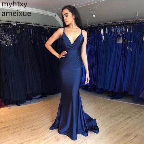 2020 Simple Sexy Long Evening Dresses Spaghetti Straps Elastic Satin Navy Blue Mermaid Style Women Trumpet Formal Party Dress