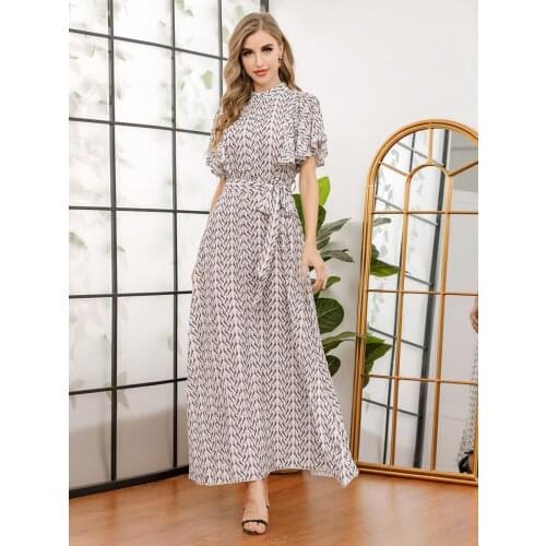 New Summer Women Dress Muslim Elegant Print India Abayas Moroccan Kaftan Short Sleeve Turkey Islamic Clothing Vestidos jubah