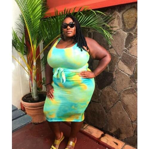 2021 4Xl Plus Size Dress Ladies Temperament Sleeveless Tie-Dye Milk Silk One-Step Skirt Round Neck Dress Womens Clothing