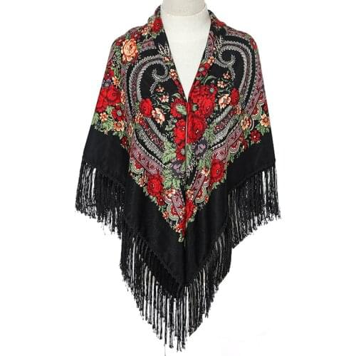 135*135cm Russian Women Shawl National Big Square Scarf Muslim Headscarf Retro Russian Floral Print Fringed Scarves Bandana