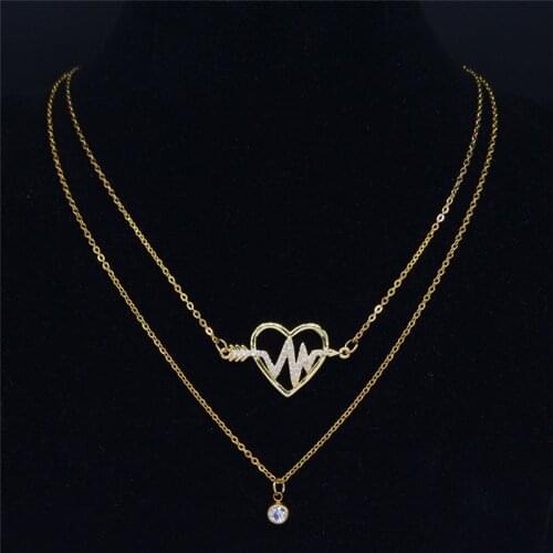 2pcs Heartbeat Stainless Steel Zircon Copper Layered Necklaces Gold Color Chain Necklace Jewelry joyeria bijoux femme NC76S03