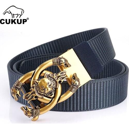 CUKUP 2020 Quality Blue Nylon & Canvas Belts Men Unique Design Wolf Pattern Buckle Metal Mens Accessories 3.5cm Width CBCK267