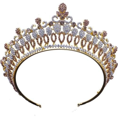 FORSEVEN Gold Color Crystal Queen Tiara Baroque Rhinestone Big Crown Bridal Wedding Tiaras Decorations Wedding Hair Accessories