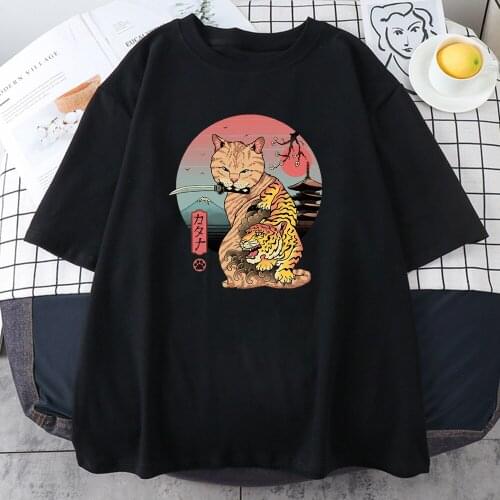 Ukiyoe Japan Comics Cat Print T Shirts Women Oversized Short Sleeve Top Female O Neck Hip Hop Streetwear Tee Shirt Female Tshirt