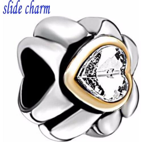 Slide charm Free shipping Plated Goldheart Floral European Bead Charm Bracelets Bead fit Pandora charm bracelet