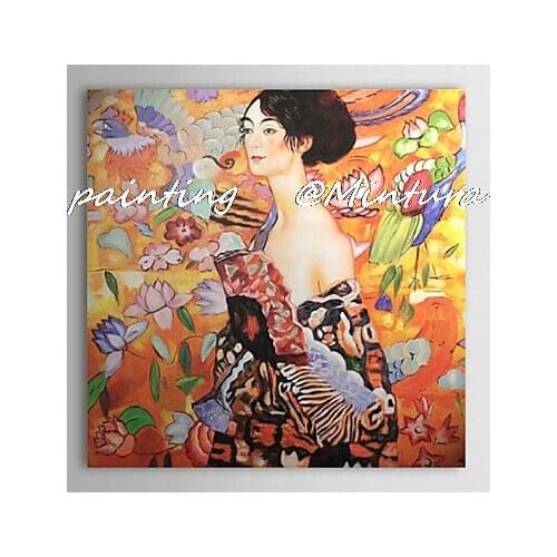 100% Hand-painted Gustav Klimt Masterpiece Repro Lady Portrait Oil Painting Abstract Wall Art For Home Decoration 50x50cm
