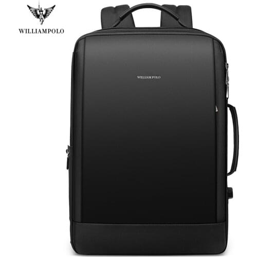 WILLIAMPOLO slim men business backpack Hidden Pocket Anti-theft Backpack waterproof Laptop Backpack for Men Black Leather USB