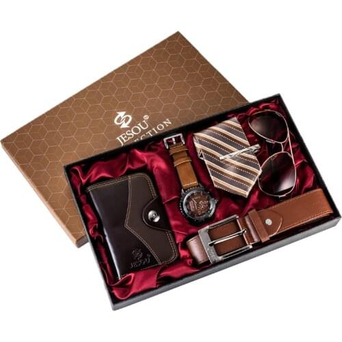 JESOU Watches Set Retro Men Wrist Watch Belt Sunglasses Folding wallet Tie Suit Present Box Gift Sets for Mens Dad Father’s Day