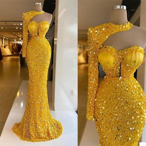 Luxury Evening Dresses Bright Yellow Sequins Beads Halter Long Sleeves Prom Dress Formal Party Gowns Custom Made Robe de mariée