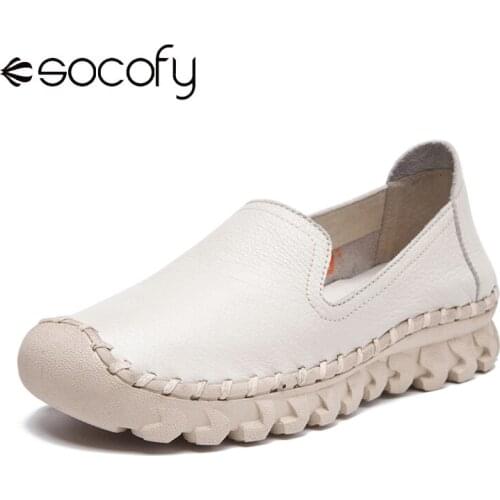 SOCOFY Womens Shoes Solid Color Leather Soft Sole Antiskid Comfy Round Toe Slip-on Hand Stitching Flat Shoes Fashion Loafers