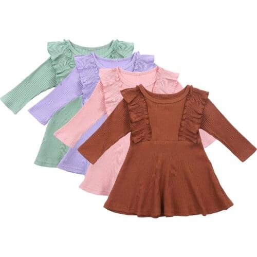 2020 New Little Girls' Long Sleeve Dress Casual Wild Round Neck Knitted Mini Dress